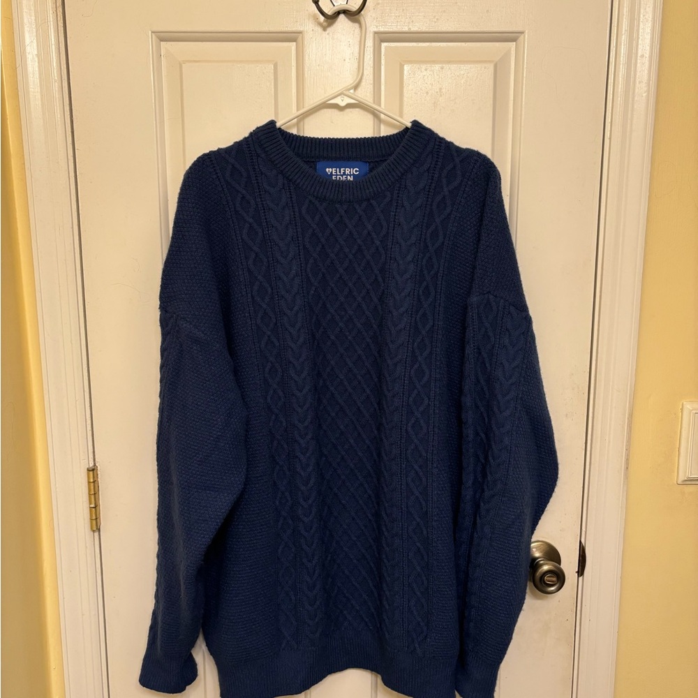 Aelfric Eden Navy Blue Cable Knit Crewneck Business Casual Sweater